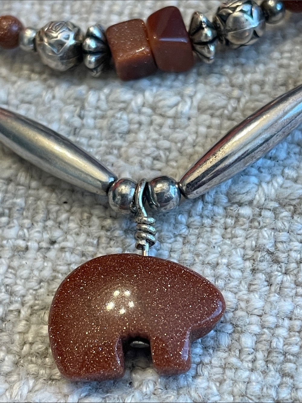 Handcrafted Brown Goldstone Bear Pendant Necklace - Unbranded